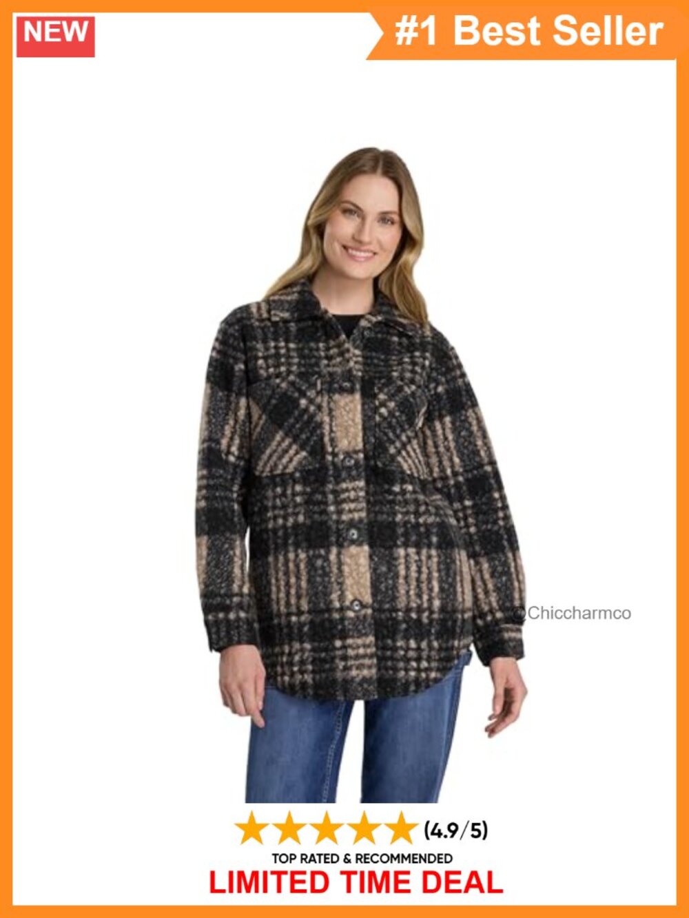 Plaid Fleece Shacket Relaxed Fit Button Front Casual Jacket